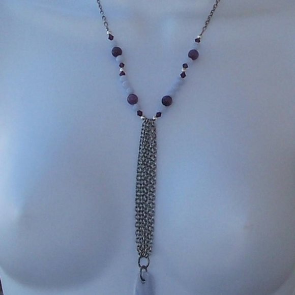 Handmade Statement Necklace With Lilac Agate Silver Tone Chains Purple Beads - Picture 6 of 16